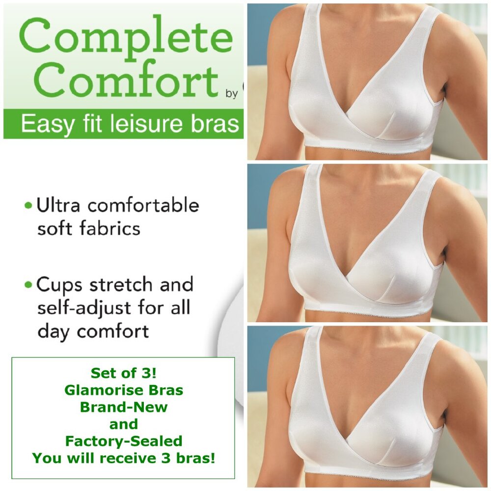 Set of 3! 34A 34B 34C Glamorise COMPLETE COMFORT (Wrap) Leisure Bra White NEW